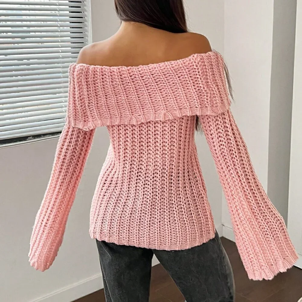 Pink Casual Women's Off-Shoulder Long Sleeve Sweater